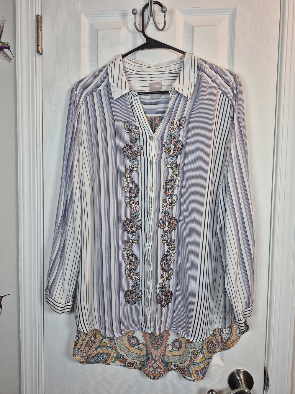 Chico's Embroidered Paisley Stripe Tunic Blouse Top Boho Art to Wear 3P XL
